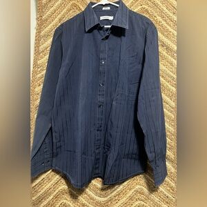 Calvin Klein Men's Dark Blue Striped Button Down Dress Shirt,Size L
